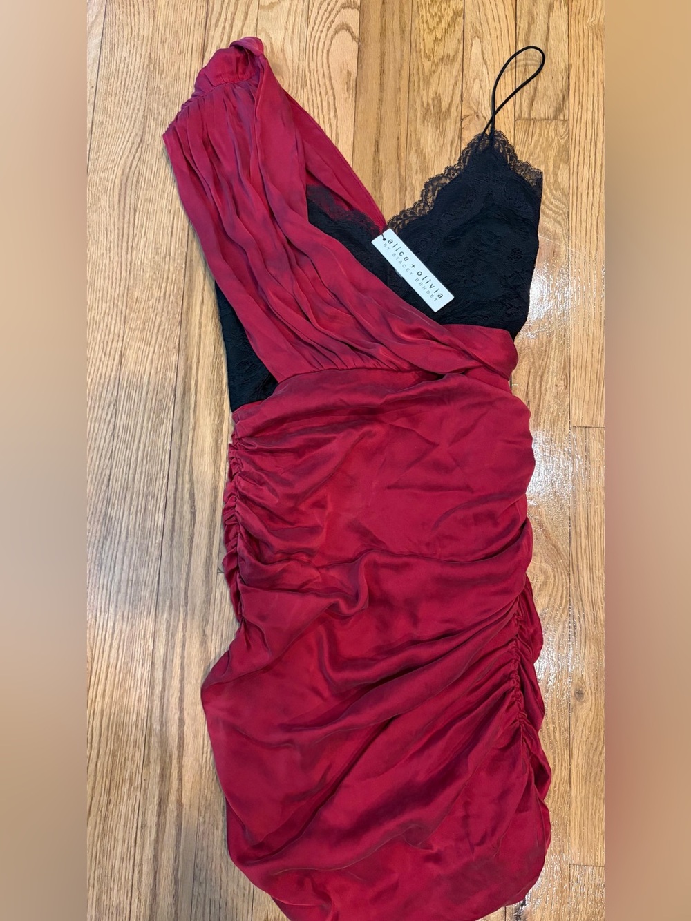 Alice + Olivia Red Satin Slip Dress with Black Lace
